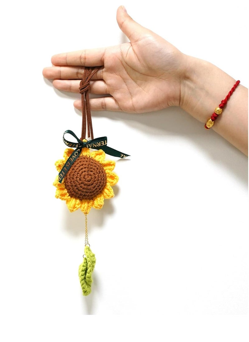 Oasisgalore Rear View Mirror Accessories Crochet Sunflower,Car Decor Car Mirror Hanging Accessories For Women,Hand-Woven Flower Rearview Mirror Sunflower  - Image 5