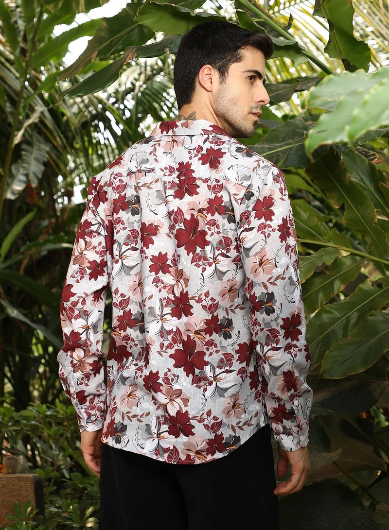 Campus Sutra Men's Crimson Red Hibicus Imprint Shirt
