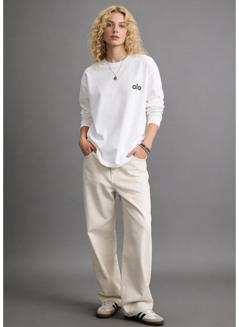 Alo loose casual long sleeved round neck T-shirt - a couple's shirt suitable for both men and women, 100% pure cotton 250G sports shirt with logo, casual and fashionable Chinese street wear - Image 2
