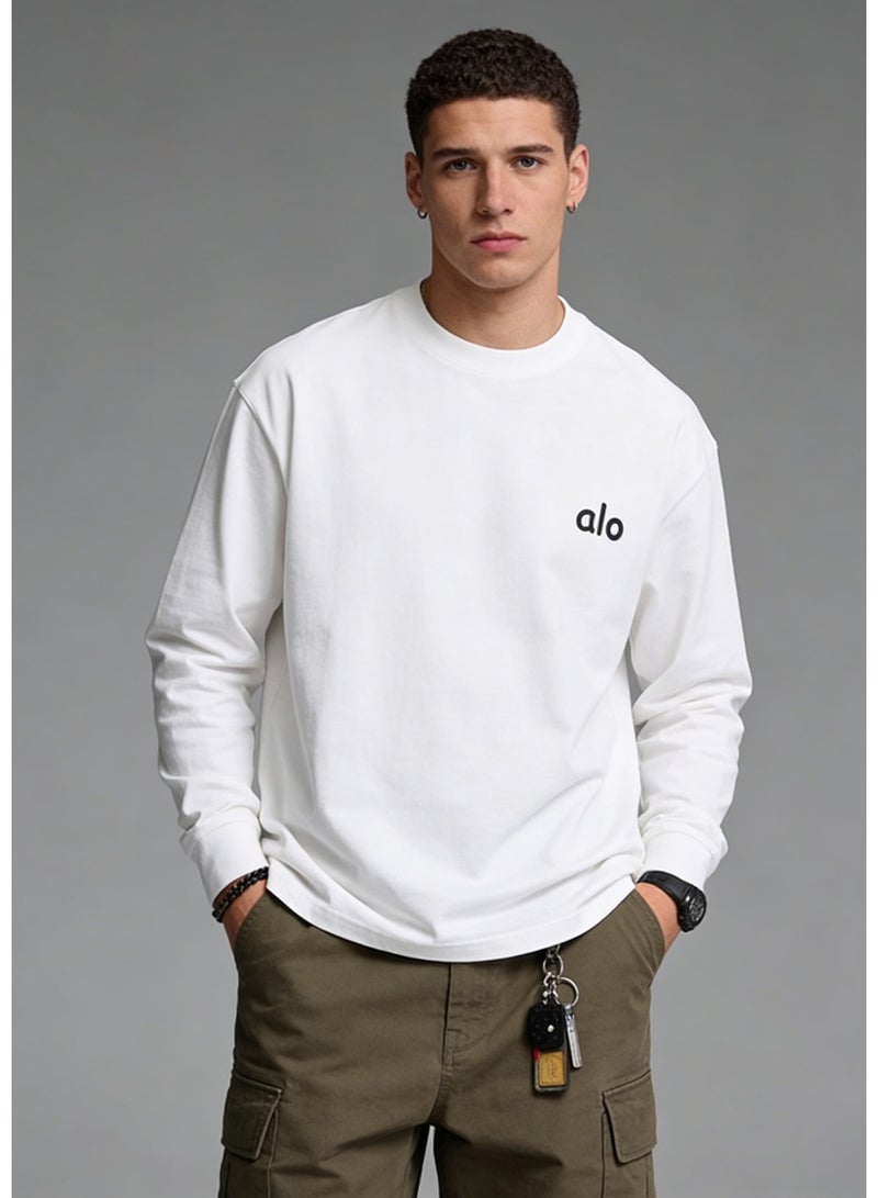 Alo loose casual long sleeved round neck T-shirt - a couple's shirt suitable for both men and women, 100% pure cotton 250G sports shirt with logo, casual and fashionable Chinese street wear - Image 3