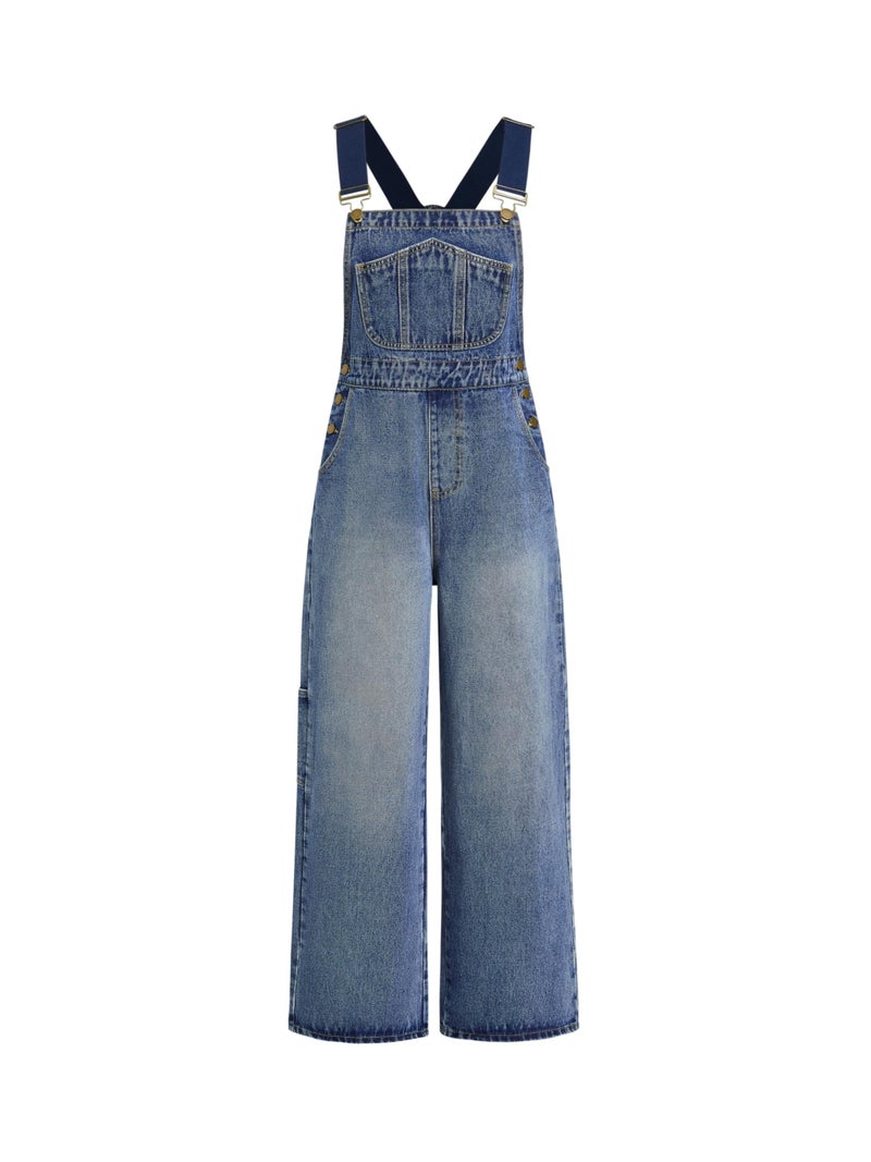 CIDER Overalls for Women Denim Pocket Buckle Up Wide Leg Jumpsuit Casual Outfits Trendy: Blue, M - Image 1