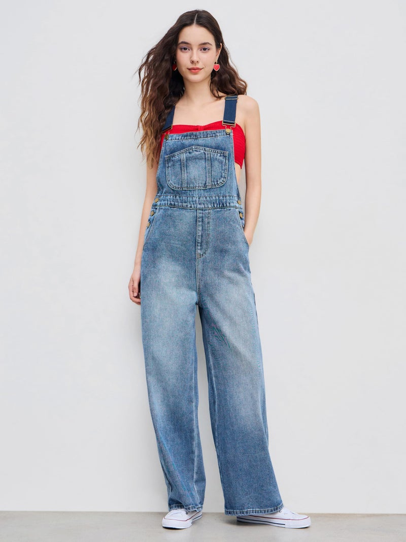 CIDER Overalls for Women Denim Pocket Buckle Up Wide Leg Jumpsuit Casual Outfits Trendy: Blue, M - Image 2