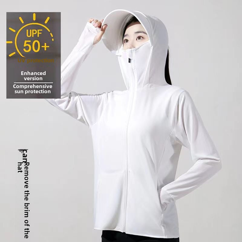 Generic Summer Ice Silk Sun Protection Clothing with Detachable Hood for Fishing Women's-White enlarged brim detachable