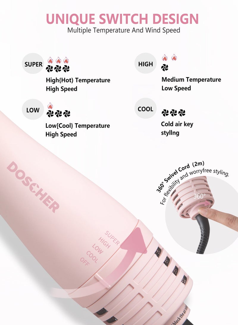DOSCHER Oval Barrel Blow Hair Dryer Brush & Hot Air Brush in One - 1300W Hair Styler for Smooth, Frizz-Free Results, Pink Volumizer Dryer with Negative Ion,Works on All Hair Types - Image 2