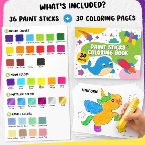 Funcils 36 Washable Tempera Paint Sticks for Kids with Coloring Book | Non-Toxic Markers for Toddlers 1-3 | Works on Paper, Canvas, Wood, Cardboard - Craft, Art Supplies for Kids 3-5, Painting Crayons - Image 2