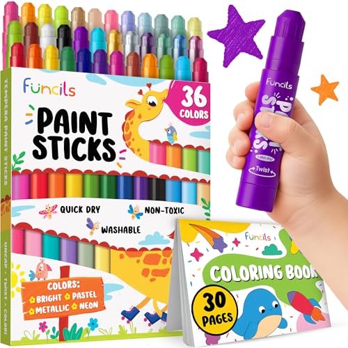 Funcils 36 Washable Tempera Paint Sticks for Kids with Coloring Book | Non-Toxic Markers for Toddlers 1-3 | Works on Paper, Canvas, Wood, Cardboard - Craft, Art Supplies for Kids 3-5, Painting Crayons - Image 1