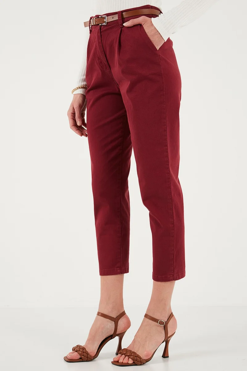 Lela Stretch Cotton Regular Fit High Waist Straight Crop Top Belted Trousers Women's Trousers 668YP5335