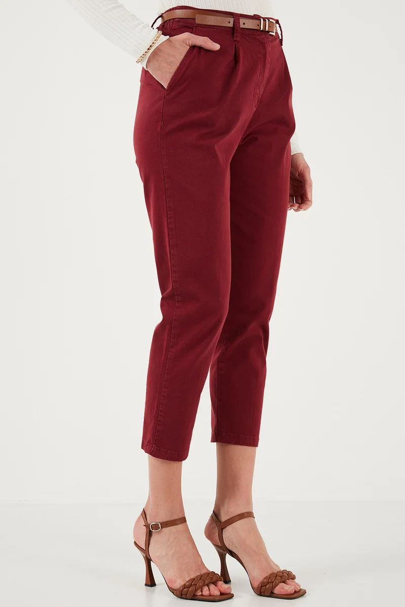 Lela Stretch Cotton Regular Fit High Waist Straight Crop Top Belted Trousers Women's Trousers 668YP5335