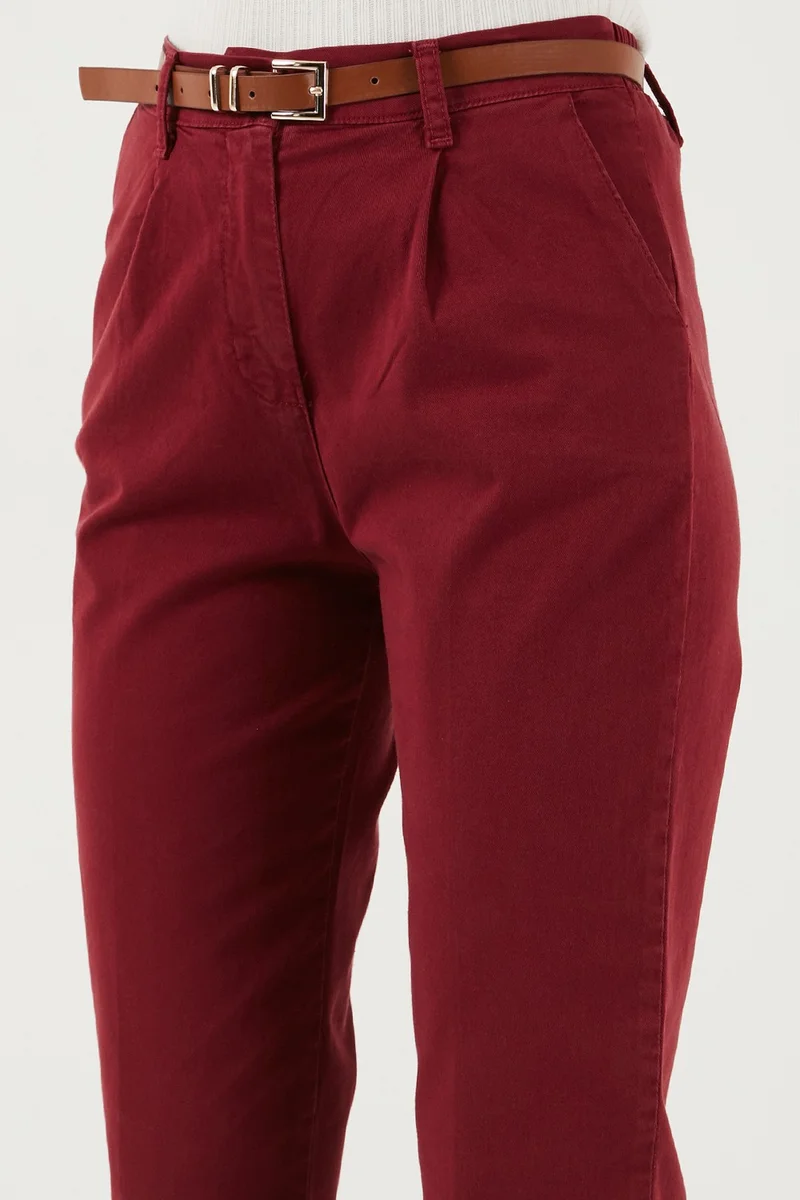 Lela Stretch Cotton Regular Fit High Waist Straight Crop Top Belted Trousers Women's Trousers 668YP5335