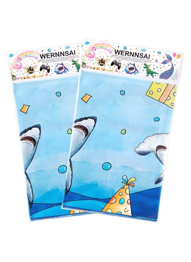 Wernnsai - Blue Shark Party Table Cover -2 PC 54” x 108” Ocean Theme Table Cloth Under The Sea Party Supplies Disposable Plastic Rectangle Tablecloth for Kids Shark Birthday Party Decor - Image 1