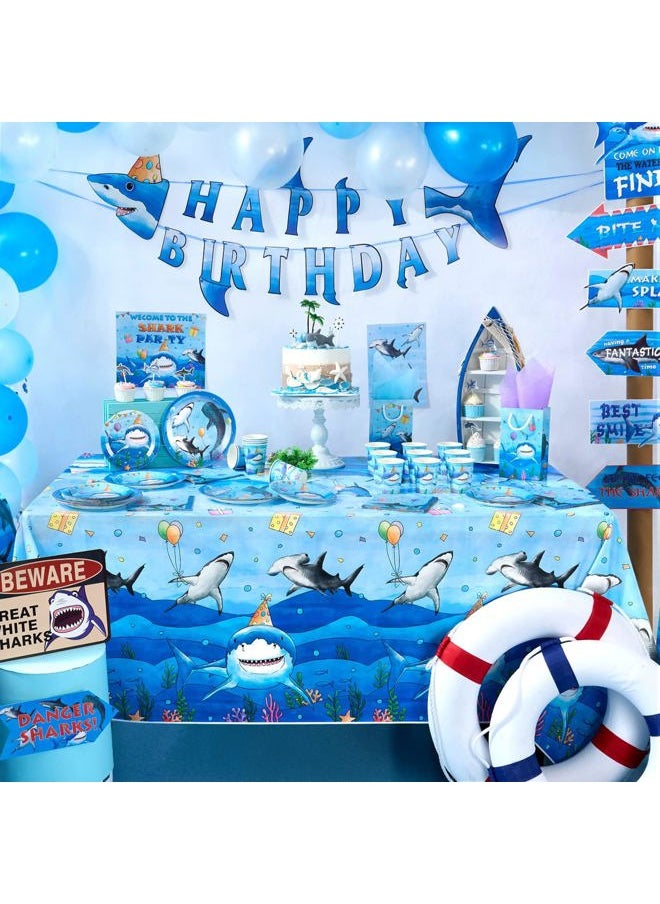 Wernnsai - Blue Shark Party Table Cover -2 PC 54” x 108” Ocean Theme Table Cloth Under The Sea Party Supplies Disposable Plastic Rectangle Tablecloth for Kids Shark Birthday Party Decor - Image 1