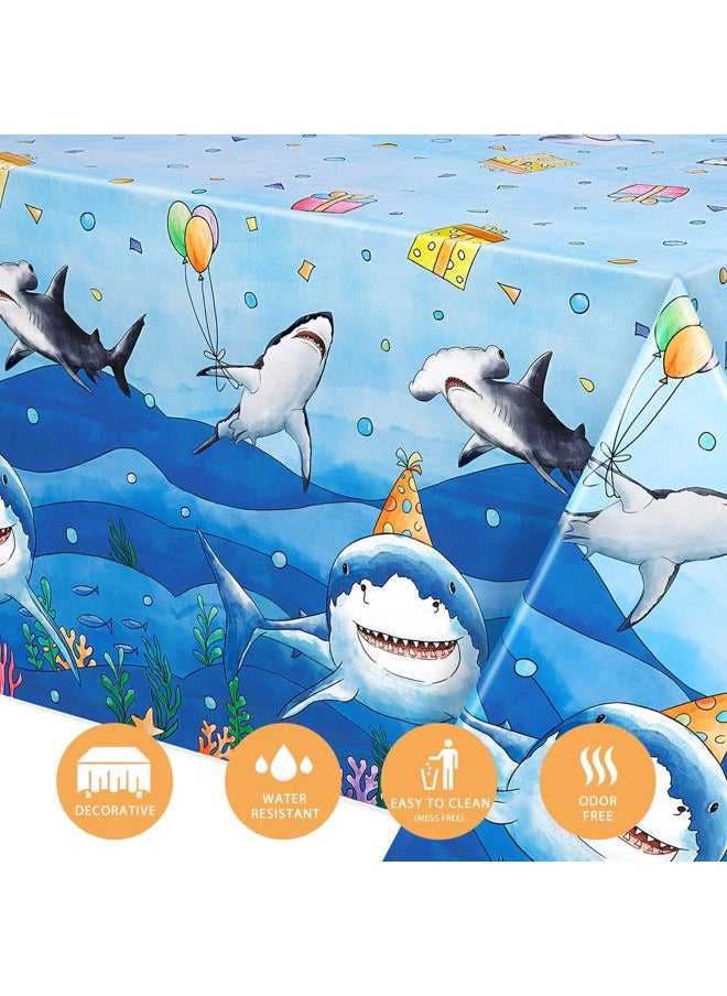 Wernnsai - Blue Shark Party Table Cover -2 PC 54” x 108” Ocean Theme Table Cloth Under The Sea Party Supplies Disposable Plastic Rectangle Tablecloth for Kids Shark Birthday Party Decor - Image 1