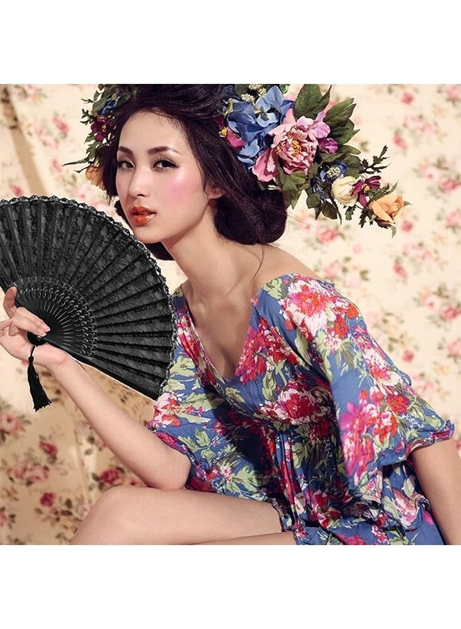 JS Hand Fan, Silk Fabric Bamboo Ribs Handheld Folding Wall Decoration Wedding Party, Hand Folding Fan with Bamboo Frame, Lace for Women Girls Gifts - Image 2