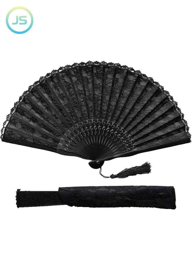 JS Hand Fan, Silk Fabric Bamboo Ribs Handheld Folding Wall Decoration Wedding Party, Hand Folding Fan with Bamboo Frame, Lace for Women Girls Gifts - Image 1