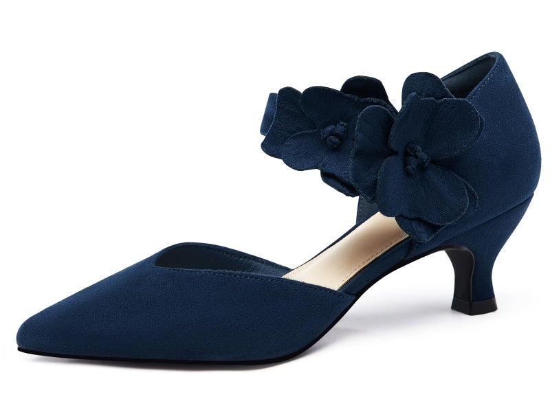 Coutgo Womens Low Kitten Heels Dressy Shoes Comfortable Closed Toe Flower Slip on Formal Party Dance Heeled Pumps, Navy, Size 8 - Image 1