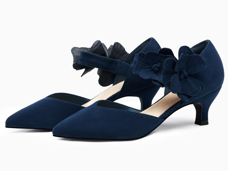 Coutgo Womens Low Kitten Heels Dressy Shoes Comfortable Closed Toe Flower Slip on Formal Party Dance Heeled Pumps, Navy, Size 8 - Image 4
