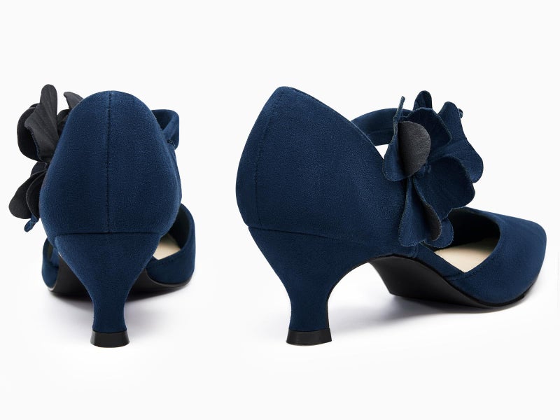 Coutgo Womens Low Kitten Heels Dressy Shoes Comfortable Closed Toe Flower Slip on Formal Party Dance Heeled Pumps, Navy, Size 8 - Image 5