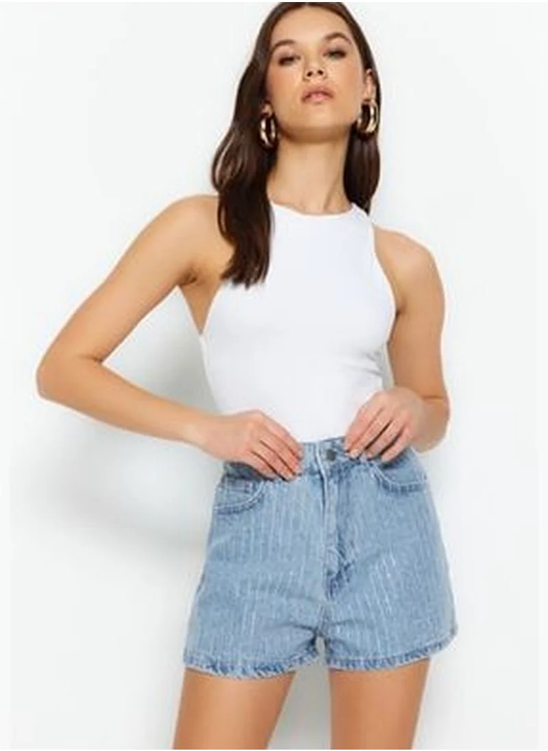 trendyol High Waist Denim Shorts With Blue Stones TWOSS23SR00191