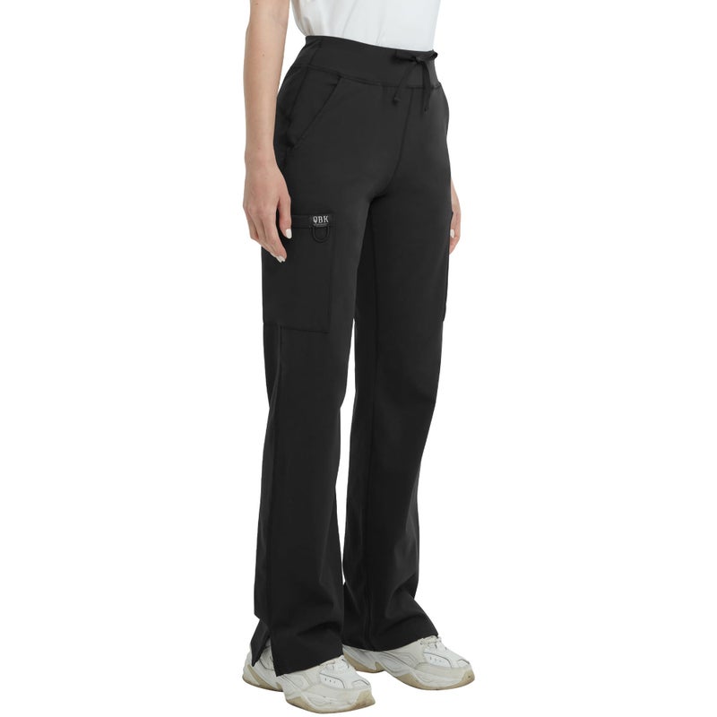 QBK High Rise Yoga Scrub Pants Women - Straight Wide Leg Uniform Pants with Cargo Pocket, Anti-Wrinkle & Knit Yoga Waistband (Petite, Black, S) - Image 1