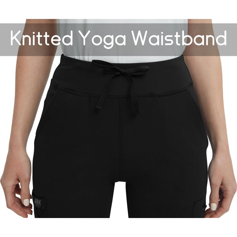 QBK High Rise Yoga Scrub Pants Women - Straight Wide Leg Uniform Pants with Cargo Pocket, Anti-Wrinkle & Knit Yoga Waistband (Petite, Black, S) - Image 4