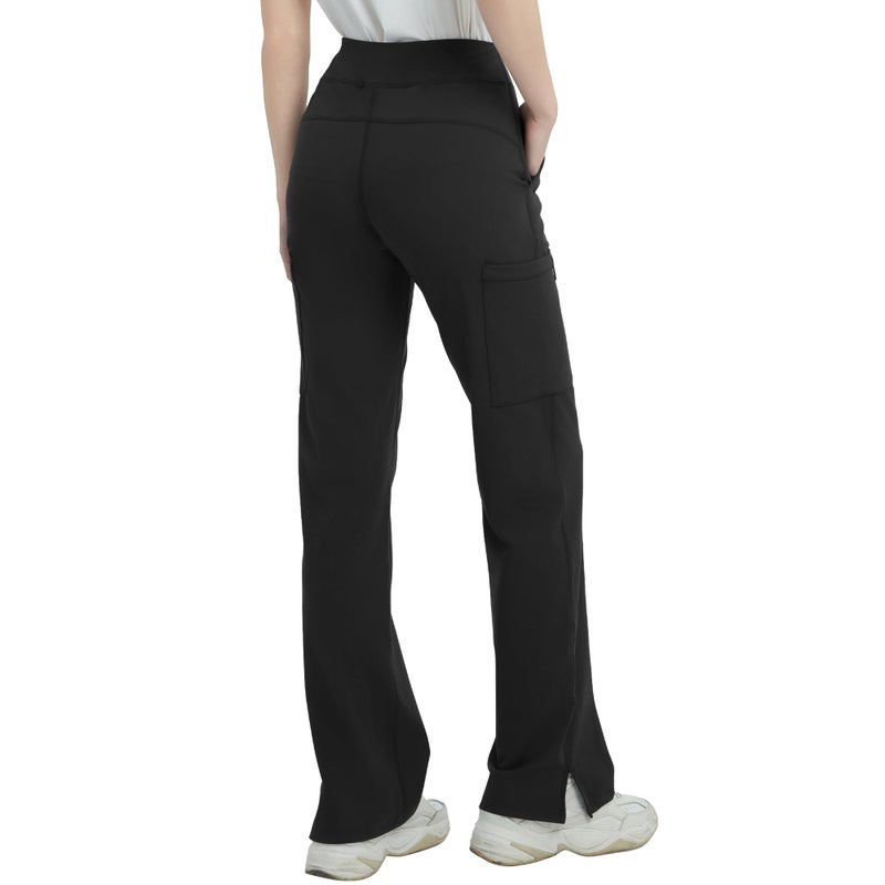 QBK High Rise Yoga Scrub Pants Women - Straight Wide Leg Uniform Pants with Cargo Pocket, Anti-Wrinkle & Knit Yoga Waistband (Petite, Black, S) - Image 2
