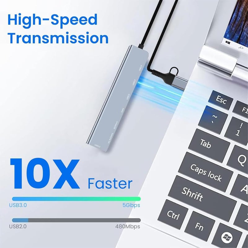هاسذيب محور USB-C من HASTHIP، متعدد المنافذ 8 في 1 لأجهزة Macbook Pro Air، مع محول USB 2.0/3.0، قارئ بطاقات SD/TF، منفذ PD بقدرة 100 واط ومنفذ بيانات، محور USB-C للابتوب مع كابل طويل بطول 20 سم - Image 2