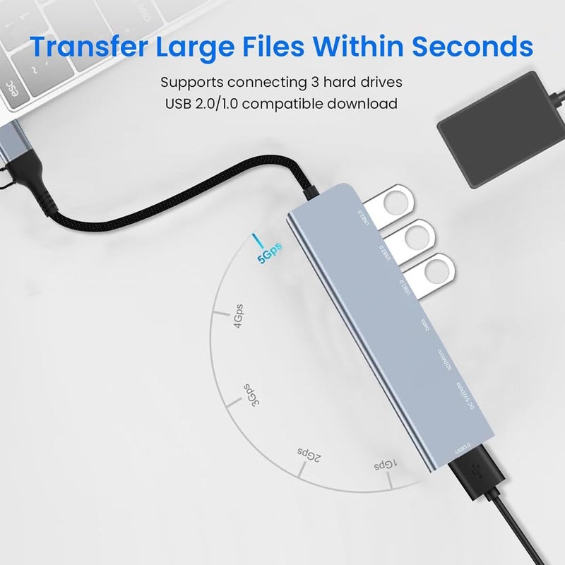 هاسذيب محور USB-C من HASTHIP، متعدد المنافذ 8 في 1 لأجهزة Macbook Pro Air، مع محول USB 2.0/3.0، قارئ بطاقات SD/TF، منفذ PD بقدرة 100 واط ومنفذ بيانات، محور USB-C للابتوب مع كابل طويل بطول 20 سم - Image 4