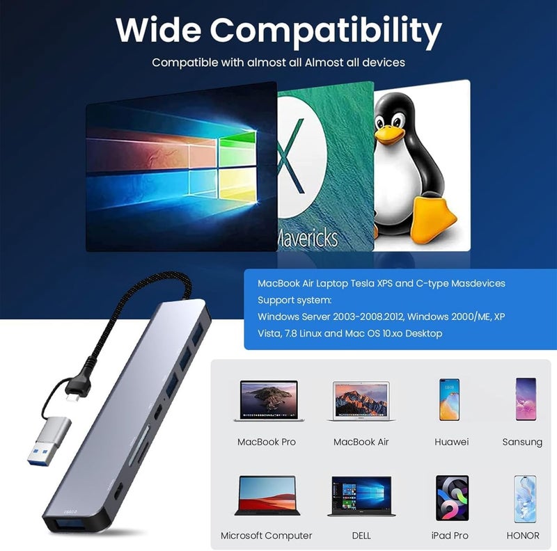 هاسذيب محور USB-C من HASTHIP، متعدد المنافذ 8 في 1 لأجهزة Macbook Pro Air، مع محول USB 2.0/3.0، قارئ بطاقات SD/TF، منفذ PD بقدرة 100 واط ومنفذ بيانات، محور USB-C للابتوب مع كابل طويل بطول 20 سم - Image 5