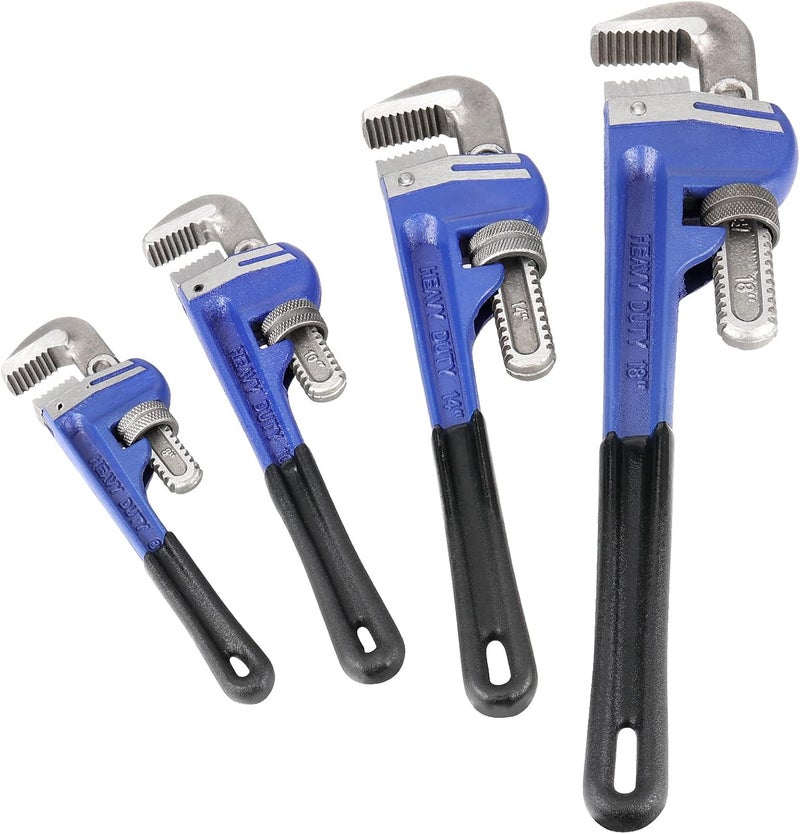 JOIKIT 4 Pack Pipe Wrench Set 8, 10, 14, 18 Inches Adjustable Plumbing Wrench Set Heat Treated Cast Iron Straight Pipe Wrench with Soft Grip and Adjustable Jaws Heavy Duty Hand Tools for Repair - Image 1