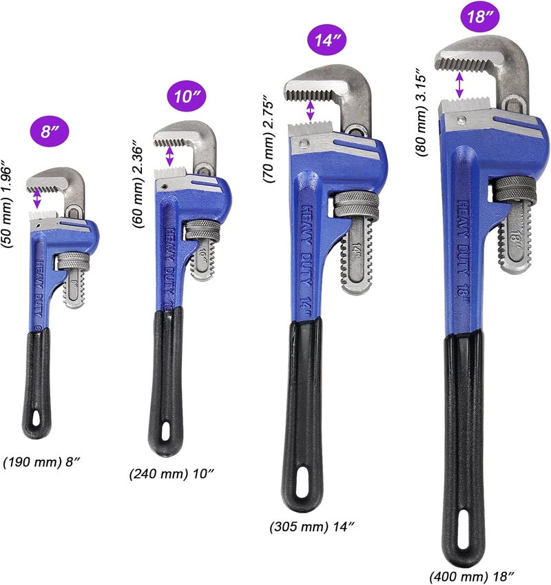 JOIKIT 4 Pack Pipe Wrench Set 8, 10, 14, 18 Inches Adjustable Plumbing Wrench Set Heat Treated Cast Iron Straight Pipe Wrench with Soft Grip and Adjustable Jaws Heavy Duty Hand Tools for Repair - Image 2