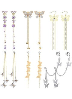 Tassel Chain Earrings Butterfly Cuff Tassel Chain Earrings Butterfly Stud Drop Dangle Earrings Long Crystal Butterfly Earrings Purple Butterfly Long Tassel Earrings 6 Pairs