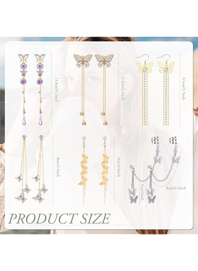 erorex - Tassel Chain Earrings Butterfly Cuff Tassel Chain Earrings Butterfly Stud Drop Dangle Earrings Long Crystal Butterfly Earrings Purple Butterfly Long Tassel Earrings 6 Pairs - Image 1