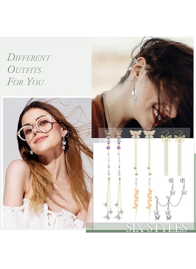 erorex - Tassel Chain Earrings Butterfly Cuff Tassel Chain Earrings Butterfly Stud Drop Dangle Earrings Long Crystal Butterfly Earrings Purple Butterfly Long Tassel Earrings 6 Pairs - Image 1