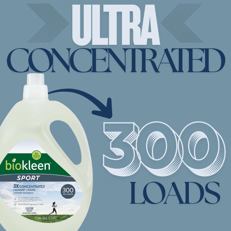 Biokleen Natural Sport 3X Concentrated Laundry Detergent, 300 Loads, Bio Active Formula, Fight Odors, Sweat & Stain Remover, Lavender Eucalyptus Scent - Image 3