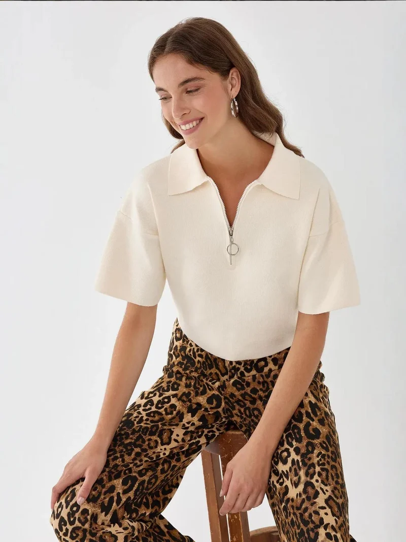 Hiccup Natural Knitted Zipper Collar Top for Women | Best Price UAE