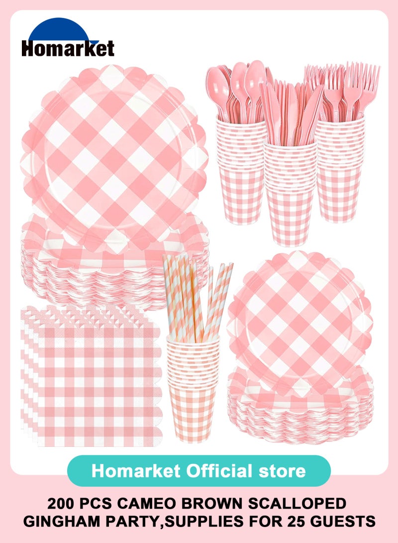 هومار كيت 200 قطعة من الورق الورق الذي يمكن التخلص منه والمناديل، 25 من مستلزمات حفلات الضيوف أدوات المائدة بما في ذلك ألواح الورق المزخرفة كوب المناديل سكين شوكة ملعقة بلاستيكية للحفلة، زفاف، - Image 1