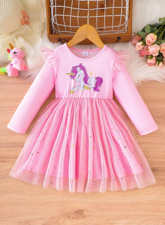 تايك تو فستان تول شبكي مطبوع برسومات وردية للبنات - Image 1