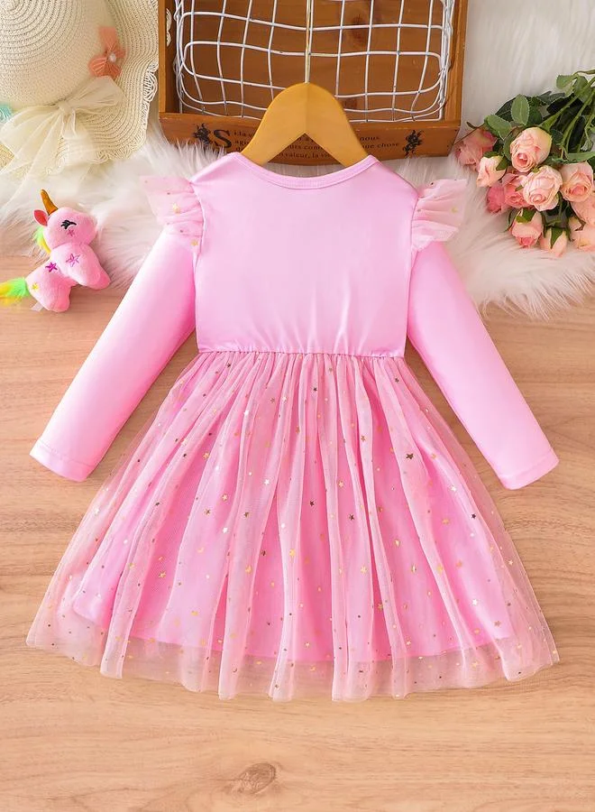 Take Two Take Two Girl Pink Graphic Print Tulle Mesh Dress