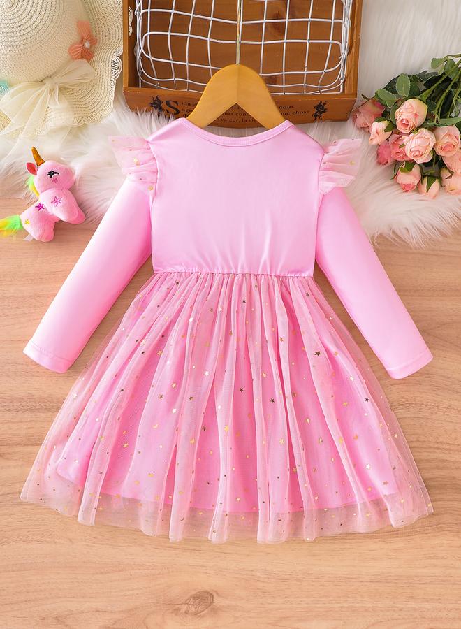 تايك تو فستان تول شبكي مطبوع برسومات وردية للبنات - Image 2