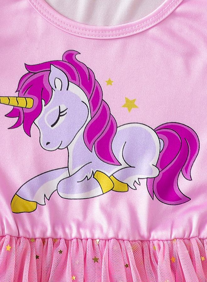 تايك تو فستان تول شبكي مطبوع برسومات وردية للبنات - Image 4