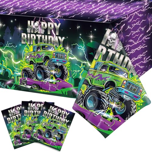 WovWeave 3 Pcs Monster Truck Tablecloths Green and Purple Monster Happy Birthday Table Cloth Plastic Disposable Truck Themed Table Covers for Rectangle Round Desk Supplies 54 x 108 Inch - Image 1