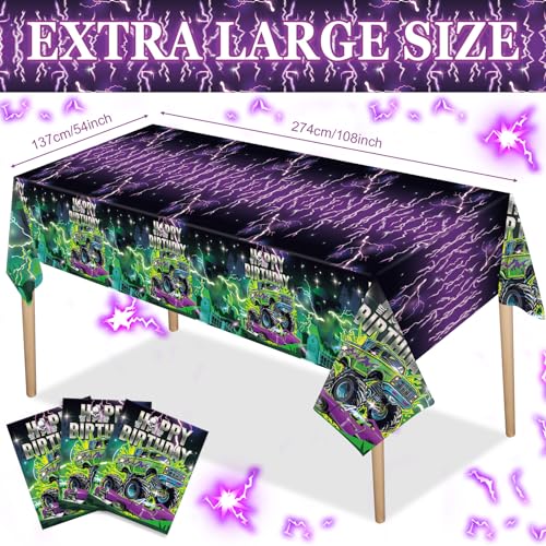 WovWeave 3 Pcs Monster Truck Tablecloths Green and Purple Monster Happy Birthday Table Cloth Plastic Disposable Truck Themed Table Covers for Rectangle Round Desk Supplies 54 x 108 Inch - Image 5