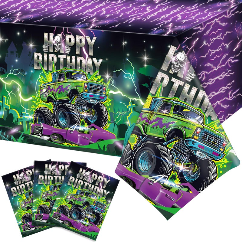 WovWeave 3 Pcs Monster Truck Tablecloths Green and Purple Monster Happy Birthday Table Cloth Plastic Disposable Truck Themed Table Covers for Rectangle Round Desk Supplies 54 x 108 Inch - Image 3