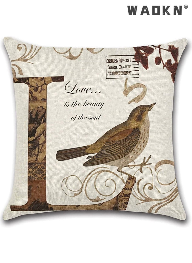 WAOKN - Pillow Covers Modern Sofa Throw Pillow Cover, Linen Cushion Covers 45x45cm for Sofa Set of 4 Square Boho Love Birds Throw Pillow Cases Outdoor Vintage Floral Quotes Cushion Cover Pack for Home Decor - Image 1