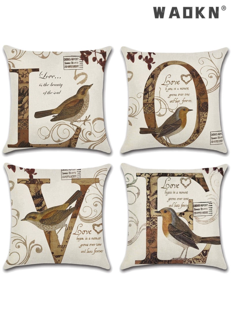WAOKN - Pillow Covers Modern Sofa Throw Pillow Cover, Linen Cushion Covers 45x45cm for Sofa Set of 4 Square Boho Love Birds Throw Pillow Cases Outdoor Vintage Floral Quotes Cushion Cover Pack for Home Decor - Image 1