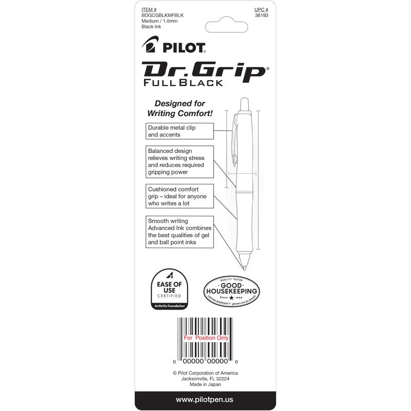 PILOT Dr. Grip FullBlack Refillable & Retractable Ballpoint Pen, Medium Point, Black Ink, Single Pen (36193)- Ideal for School, Journaling & Office Writing - Image 2