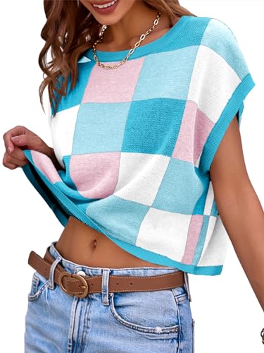 Saodimallsu Womens Cap Sleeve Crop Tops Summer Color Block Going Out Crew Neck Knit Trendy Casual Sweater Blue - Image 3