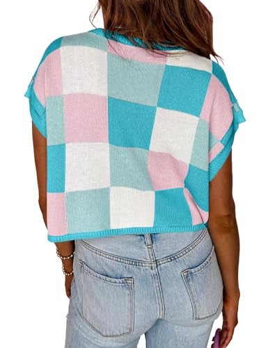 Saodimallsu Womens Cap Sleeve Crop Tops Summer Color Block Going Out Crew Neck Knit Trendy Casual Sweater Blue - Image 4