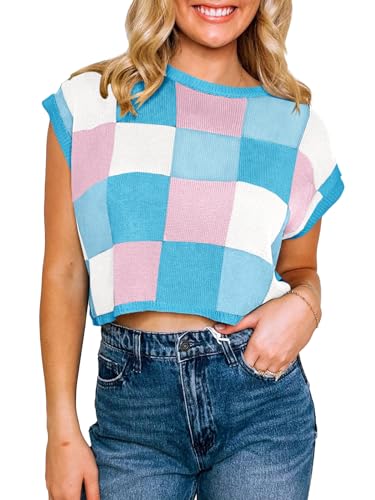 Saodimallsu Womens Cap Sleeve Crop Tops Summer Color Block Going Out Crew Neck Knit Trendy Casual Sweater Blue - Image 2