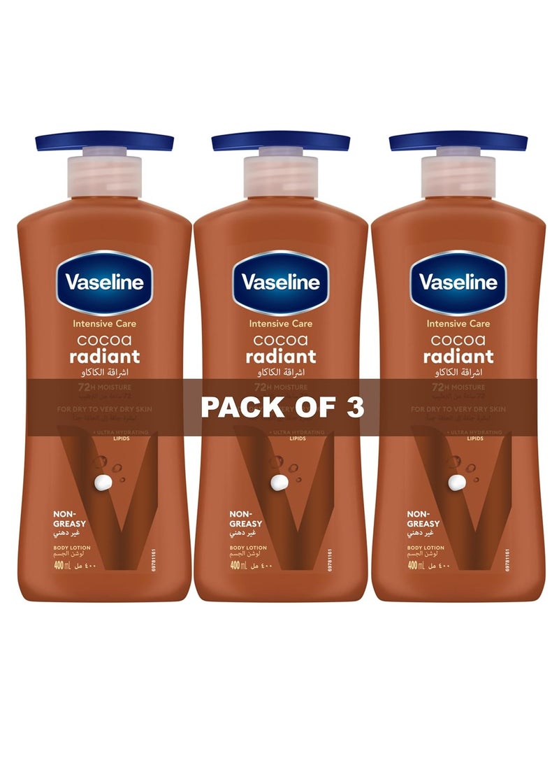 فازلين لوشن للجسم للعناية المركزة للبشرة الجافة إلى الجافة جدًا، بخلاصة الكاكاو، سريع الامتصاص، ترطيب يدوم 72 ساعة، 3 عبوات × 400 مل - Image 1